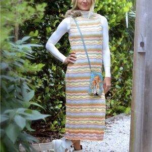 Willow & Wind Womens Crochet Knit Sleeveless Midi Dress Sz Large Chevron Pastel